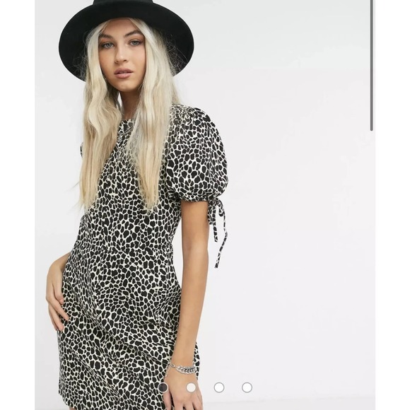 NWT TopShop animal print‎ tie puff sleeve Mini Tea Dress Size 10 - Picture 1 of 12